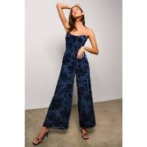 HUTCH Blue Floral Velvet Burnout Strapless Neckline Sonnie Jumpsuit Size 6